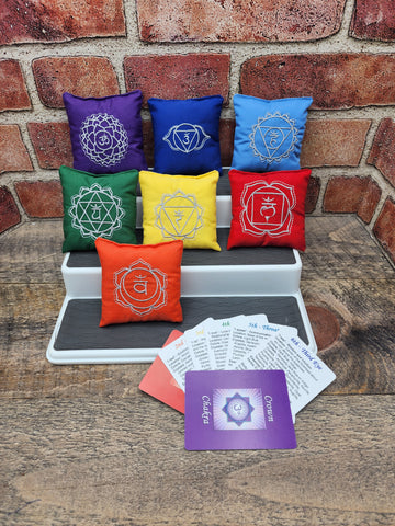 Embroidered Chakra Pillows with Crystal Chips — Set Included Chakra Info Cards